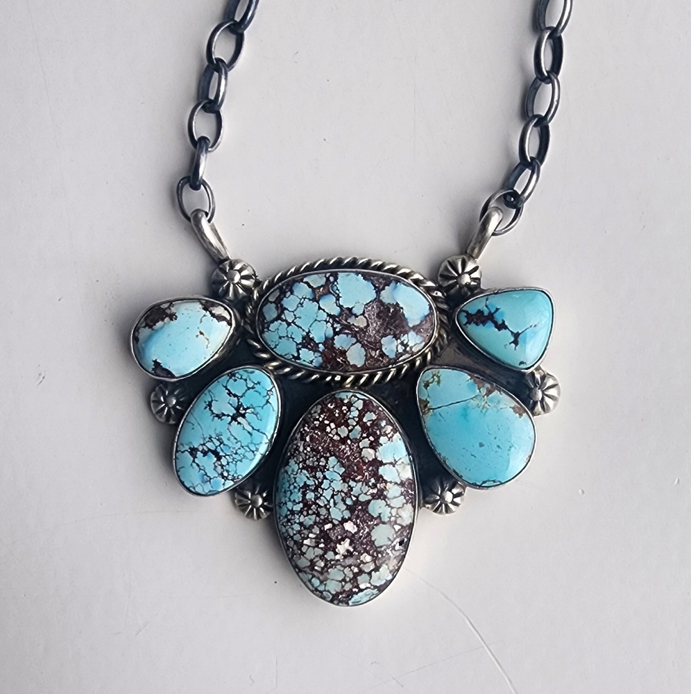 Augustine Largo Golden Hills Turquoise Cluster Necklace Navajo Made Sterling